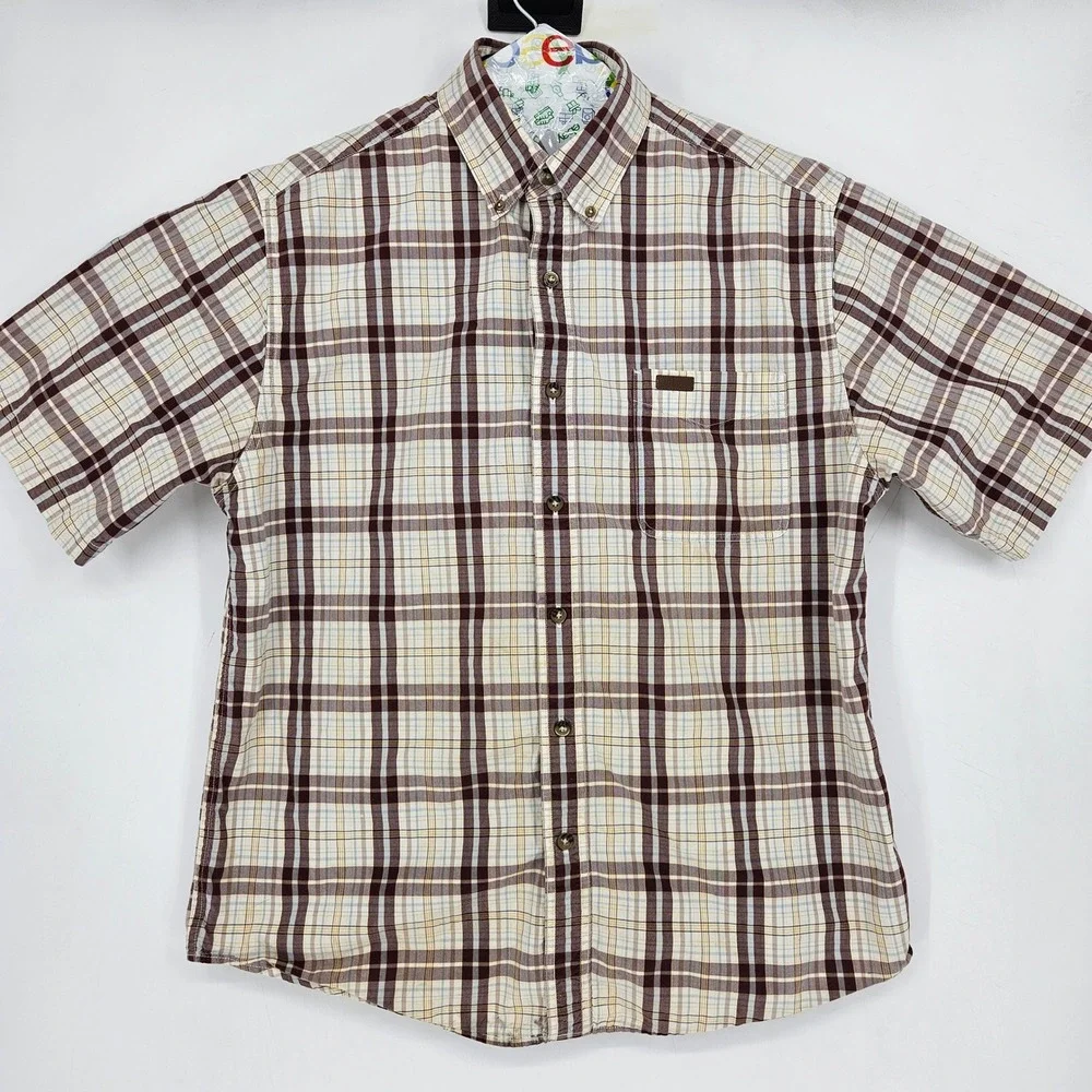 Carhartt Shirt Mens Large Button Down Brown Plaid Short Sleeve Workwear‎